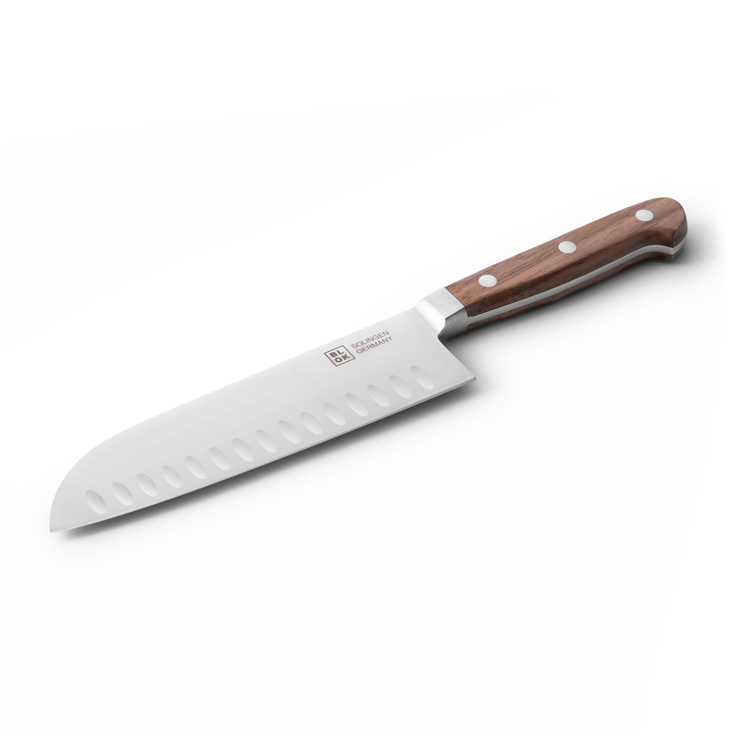 Küchenmesser mit Holzgriff, BLOK Logo seitlich auf der Messerfläche
