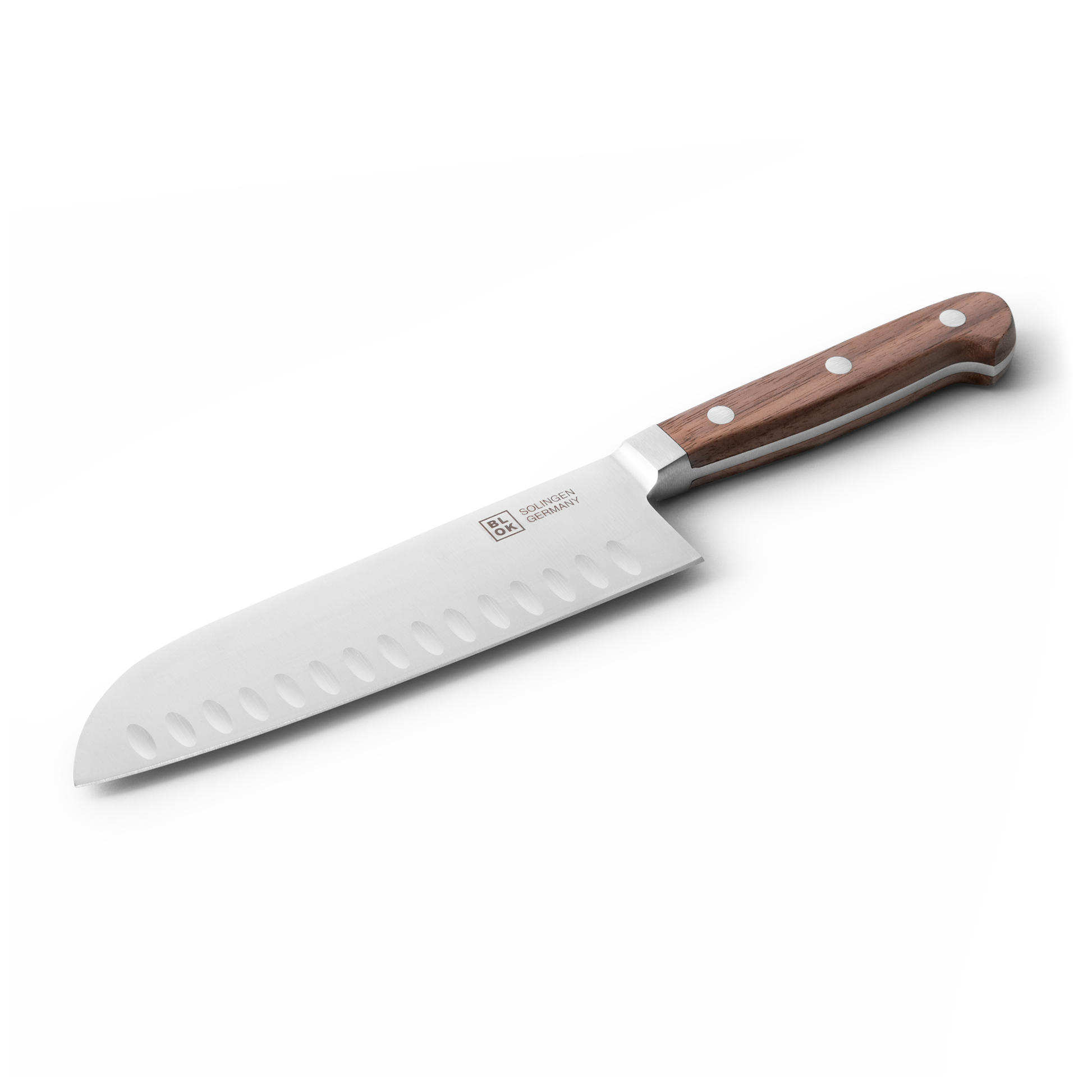 Küchenmesser mit Holzgriff, BLOK Logo seitlich auf der Messerfläche
