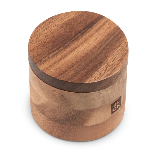runde Holzbox mit verschließbarem Schiebedeckel, BLOK Logo auf der Seite ins Holz eingearbeitet