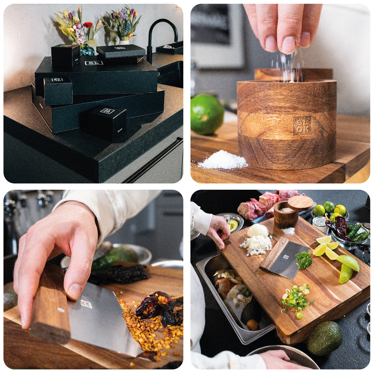 4 Fotos in einem Bild, erstes Foto zeigt die Verpackung der Produkte, zweites Foto zeigt sie Gewürzbox, drittes Bild zeigt den Scharber in Benutzung, viertes Foto zeigt eine Vogelansicht von einer Kochfläche mit den Blokartikeln szenisches dargestellt